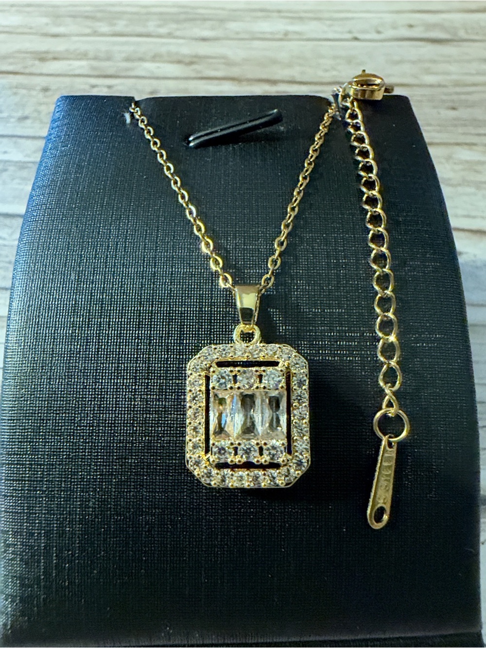 Gold Plated On Stainless Steel Crystal Baguette With Cut Stones Pendant Necklace